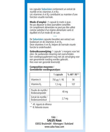 Salus Saluvision Blueberry Extract Capsules Vitamins A and B2 - Maintain Good Vision - 45 Capsules - Buy Online on GoSupps.com