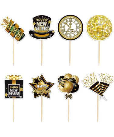 Happy New Year Cupcake Toppers Gold and Black Cupcake Toppers Picks for New Years Eve Party Dessert Decoration Supplies 32 Pieces - Buy Online on GoSupps.com