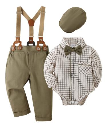 Amissz Baby Boy Gentleman Clothes Suit 0-18 Months Infant Formal Long Sleeve Tuxedo Romper Jumpsuit + Suspender Pants + Beret Hat 3pcs 12-18 Months Green