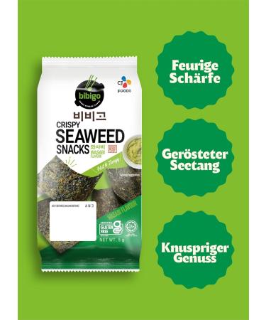 Bibigo Seaweed Snack Wasabi - Roasted Seaweed Leaves | Ideal Snack & Side Dish | 3 x 5g Pack - Buy Online on GoSupps.com