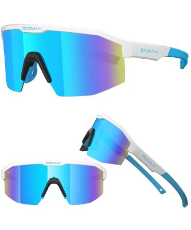 Activate your EAZYRUN Life! Small Polarized Baseball Sunglasses for Youth Women Men, Running Cycling outdoor Sports. F24d Shiny White/Blue White R