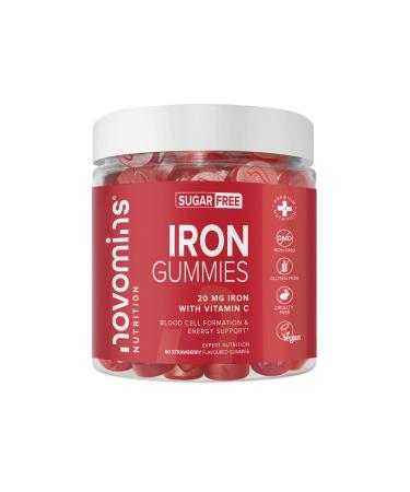 Iron Gummies with Vitamin C - Sugar Free & Vegan - Iron Supplements for Women & Men - Strawberry Flavoured Alternative to Iron Tablets - Immune System & Energy Booster - 1-Month Supply - Novomins