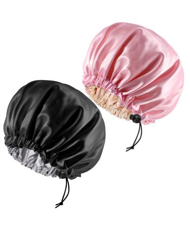 2 Pieces Adjustable Silk Bonnet 36cm Double Sided Satin Sleep Caps Night Sleep Hat for All Hair Lengths Women Curly Natural Hair Protection Head Cover(Black+Pink)