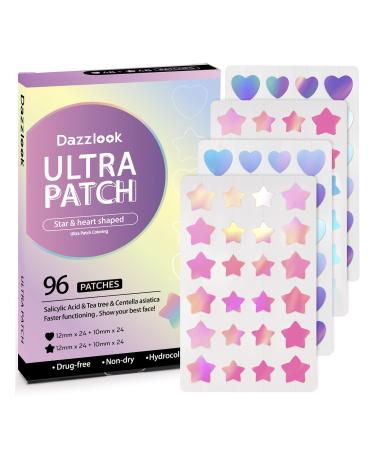 Star Acne Patch with Salicylic Acid Tea Tree Oil & Centella Asiatica Hydrocolloid Pimple Stickers Iridescent Colors 96 Pcs 2 Sizes Cute Star Heart Shaped Zits Blemishes Breakouts Patches
