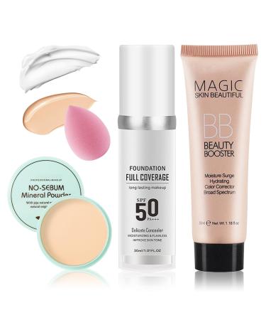 Color Changing Full Coverage Liquid Foundation Makeup Set with Lightweight Loose Setting Face Powder and Makeup Sponge Moisturizing BB Cream Non-greasy Flawless Concealer for All Skin Types