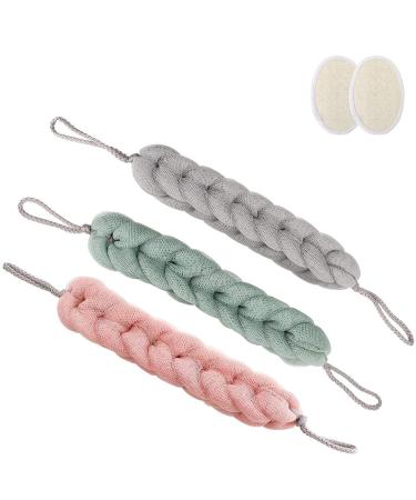 LSIWMSK 3 Pack Long Bath Loofahs Stretchable Braided Mesh Exfoliating Loofah Back Scrubber Ball Body Bath Shower Sponge 3 Colors (3 x Bath Sponge + 2 x Loofah Pad)