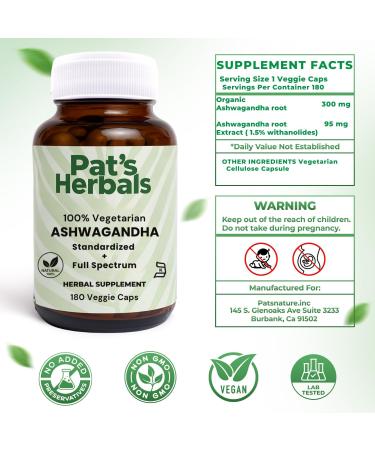 Pat's Herbals Ashwagandha Capsules | 180 Count | 600mg Pure Ashwagandha Root | Vegan & Non-GMO | USA Grown - Buy Online on GoSupps.com