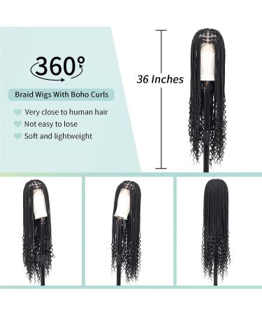Fecihor 36 Boho Curly Ends Lace Front Braided Wig for Black Women | Knotless Cornrow Box Braids with Baby Hair - Synthetic Black Wig - Buy Online on GoSupps.com
