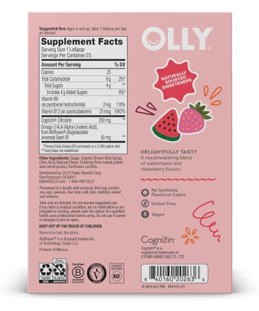 OLLY Focus Buddies L OLLY Pops Cognizin Vitamins B6 and B12 Omega-3 ALA Supports Focused Attention and Healthy Brain Function * Kids 4+ Dietary Supplement Watermelon Strawberry Flavored 25 Count - Buy Online on GoSupps.com