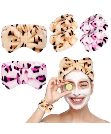 6 Pack Spa Headband Bow Hair Band and 2 Pairs Wrist Towels for Washing Face Set Women Facial Makeup Head Band Soft Coral Fleece Head Wraps For Shower Washing Face Coffee leopard+rose leopard 2 hair bands + 2 pairs wristb...