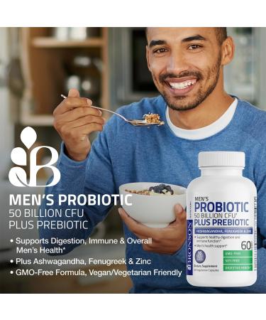 Bronson Men's Probiotic 50 Billion CFU Plus Prebiotic with Ashwagandha Fenugreek & Zinc Supports Healthy Digestion & Immune Function Non-GMO 60 Vegetarian Capsules - Buy Online on GoSupps.com