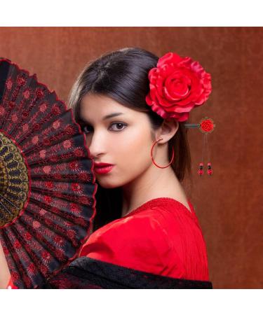 Vintage Chinese and Japanese Hair Sticks for Women - Geisha Hair Pins with Red Flower Design and Retro Wooden Rose-Wood Finish - Buy Online on GoSupps.com