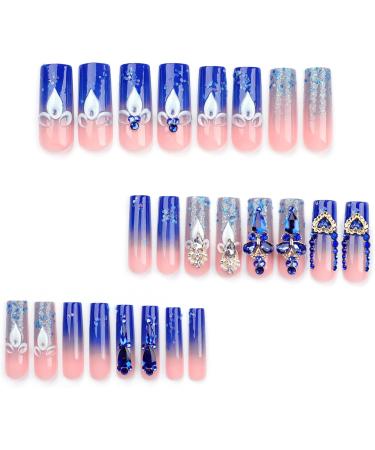 French Tip Press on Nails - Long Press On Nails with Nail Tips Blue sparkling Rhinestones fake nails Golden Love heart Design press on nails Acrylic False Nails Cute Artificial Nails - Buy Online on GoSupps.com