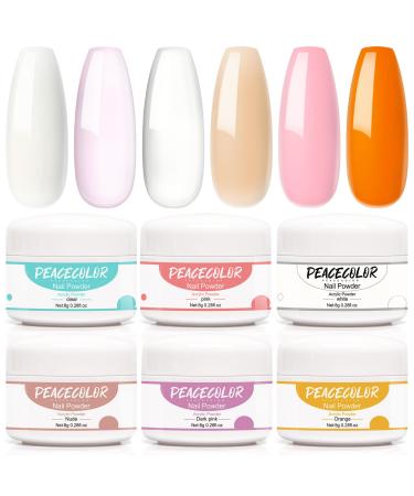 PEACECOLOR 6PC 8G Acrylic Powder Set Clear Pink White Nude Orange Dark Pink Color Collections Professional for Acrylic Nail Extension Carving Nails DIY Nail Art at Home No Lamp Needed XA-46
