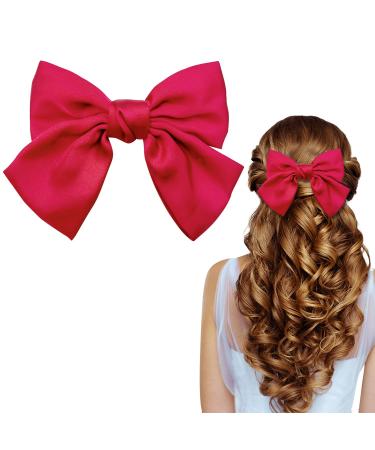 Bow Hair Clip Duckbill Clip Hair Bows for Women Big Bowknot Hairpin French Hair Clips with Ribbon Solid Color Hair Barrette Clips Soft Satin Silky Hair Bows for Women Girls(red) Short-red