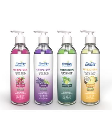 PURITA Antibacterial Liquid Hand Soap 16 fl OZ with Aloe Vera Vitamin E and Invigorating Scents - (1x Dragon Fruit Lavender Pi a Colada Lime Margarita Pack of 4) Made in USA