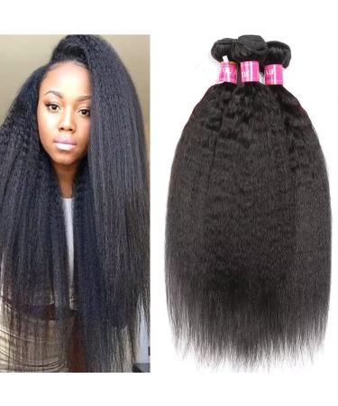 Mei You 9A Kinky Straight Hair 3 Bundles Yaki Human Hair Weave Unprocessed Brazilian Virgin Remy Sew in Hair Extensions Natural Black (10 12 14)