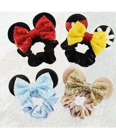Minnie Mouse Velvet Scrunchies with Sequin Bows - 4 Pcs Hair Bands for Women, Girls, Kids in Yellow, Red, Blue, Ivory - Buy Online on GoSupps.com