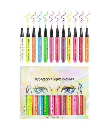 Colored Eye Liner Waterproof Fluorescent Eye Liner Face Glitter - 12 Colors UV Neon Liquid Eye Liner Set Festival Accessories Makeup Kit Pigmented Graphic Liners for Eye Makeup