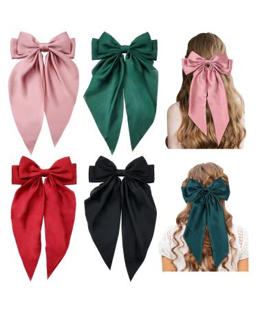 Cinaci 4 Pack Satin Silk Large Big Oversized Giant Long Bow French Barrettes Alligator Hair Clips Ponytail Holder Hair Accessories for Women Girls Teens
