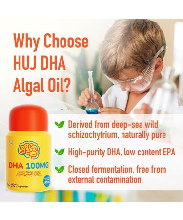 HUJ DHA 100mg - Kids DHA Supplemnent - Algal Oil - Contain DHA Phosphatidyserine & GABA - Supports Mental Energy Visual Function Memory and Focus* - 60 Softgels - Buy Online on GoSupps.com
