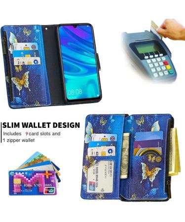 Miago Huawei Y6 2019 Leather Case - 9 Card Slots Colorful Zipper Flip Wallet PU Leather Protective Cover with Gold Butterfly - Buy Online on GoSupps.com