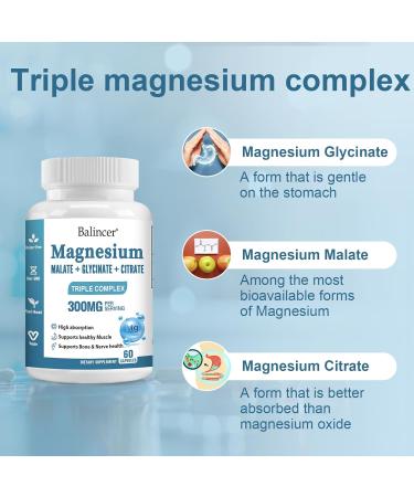 Triple Magnesium Complex 300 mg Magnesium Glycinate Malate Citrate for Easy Absorption Magnesium Complex Supplement Support Muscle Nerves Energy and Heart Health Non-GMO 60 Capsules - Buy Online on GoSupps.com