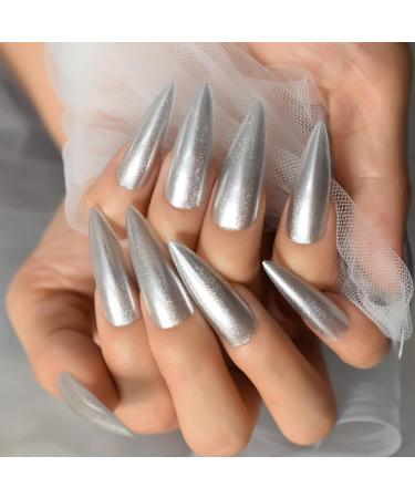 Long Stiletto Silver Glitter Press On Nails - High Gloss Reusable Acrylic Full Cover Fake Nails Kit (24 Pieces) - International Shipping Available - Buy Online on GoSupps.com