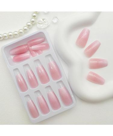 Shop 24Pcs Medium Coffin Press on Nails - Pink & White Ombre Acrylic False Nails with Glitter Designs - Glossy Translucent Nails for Women - International Shipping Available - Buy Online on GoSupps.com