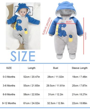 Baby Snowsuit Winter Romper | Cotton Jumpsuit with Detachable Hood | Cartoon Dinosaur Design | 6-9 Months Blue - Buy Online on GoSupps.com