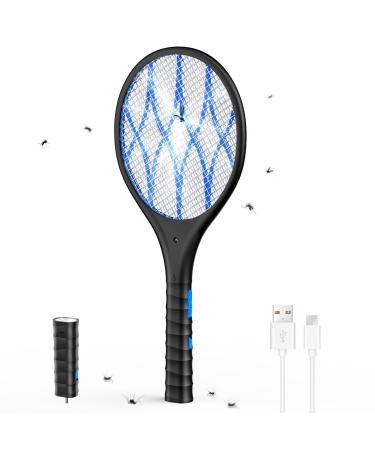 JANMASH Bug Zapper Rechargeable Electric Fly Swatter with 4000V Powerful Grid and Detachable Emergency Flashlight for Outdoor and Indoor Use 3-Layers Mesh Safe to Touch- Black
