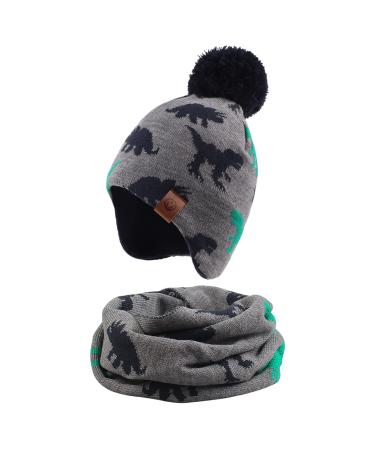 XIAOHAWANG Knitted Baby Hat Winter Warm Boys Girls Beanie Fleece Lining Toddler Kids Hat with Pompom 2-4 Years Gray Dinosaur Hat+Scarf