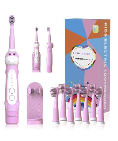 CHAIN PEAK Dinosaur Toothbrush Kids Sonic Electric Toothbrush for Children Toddlers Boys Girls Age 3-12 with 30s Reminder 2 Mins Timer 5 Modes 8 Brush Heads Rechargeable Wall-Mounted Holder 8680 Pink+ 8 Heads+ Holder