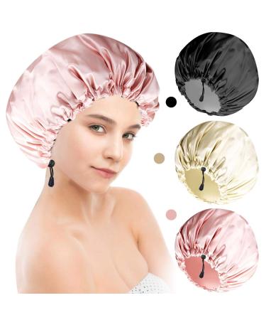 Shower Cap For Women Men 3PCS Shower Caps For Women Waterproof Extra Large Shower Cap Big Lined Rbersea Jumbo Reusable Shower Cap Long Hair Bonnet Set For Kids With Black Gold Pink Bath Cap Adjustable