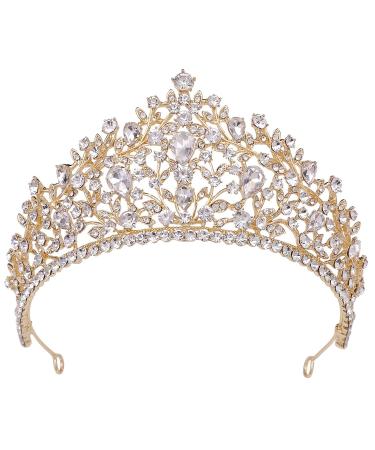 WIOJEIGO Women's Crystal Wedding Tiara Crown Princess Rhinestone Headbands for Prom Birthday Party Gold One Size Gold