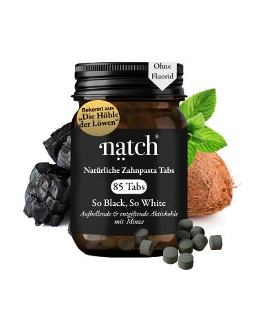 NATCH tooth cleaning tablets without fluoride toothpaste tablets with activated carbon 85 tabs so black so white with activated carbon from coconut of course white teeth plastic -free toothpaste without fluoride vegan