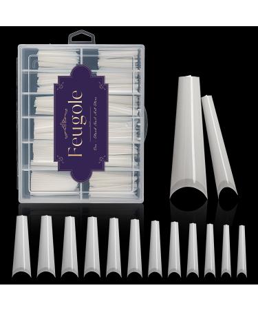 Feugole Extra Long French Coffin Nail Tips, Upgrade 120Pcs XXL Size Natural Acrylic Artificial Half Cover False Nails Tips 10 Sizes with Box for Nail Art Salon