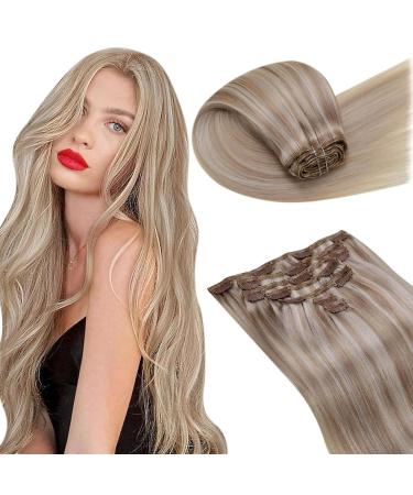 Laavoo clip in real hair Extensions Blond Extensions Real hair clip in blond highlight ashblond 45cm hair extensions real hair clip twice treat 105g 7pcs #18/613 45cm-105g 2.1 #18/613