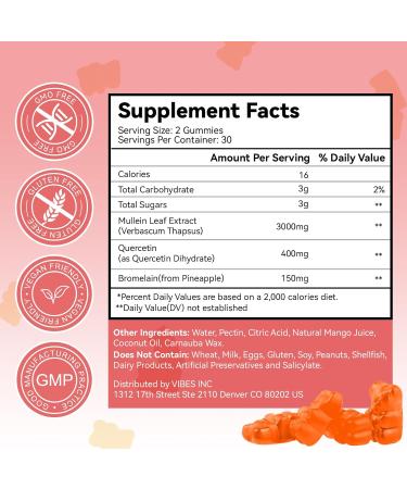 3000MG Mullein Gummies Extra Strength Mullein Leaf Extract with Quercetin Bromelain for Lung Detox & Immune Support Mango Flavor 60 Count 60 Count (Pack of 1) - Buy Online on GoSupps.com