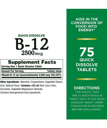 Nature's Bounty Vitamin B12 2500 mcg - Cellular Energy Support for Metabolism - Heart & Nervous System Health - 75 Quick Dissolve Tablets - Buy Online on GoSupps.com
