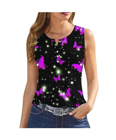Short print button tank tops women summer spaghetti cami tops sleeveless shirt blouse tops loose circular neckline tank tops support tops for women sport tops comfort summer fashion 2024 purple s