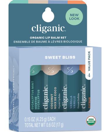 Cliganic Organic Lip Balm Set - 4 Flavors - Natural Hydrating for Cracked & Dry Lips 1 Count (Pack of 4)