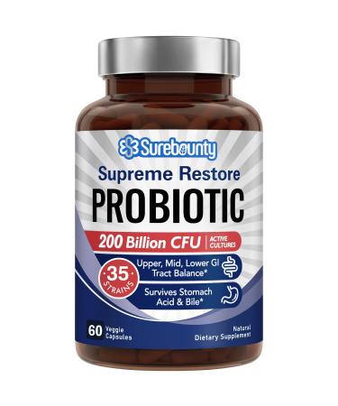 Surebounty Probiotic for Men & Women, 200 Billion CFU, Prebiotics + Digestive Enzymes, Supreme Restore, Upper, Mid, Lower GI Tract Balance, 60 Veggie Capsules, 1 Month