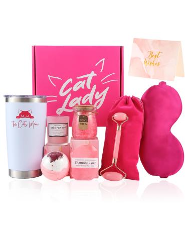 Cat Lover Gift Set with 20oz Coffee Tumbler Aromatherapy Candle Diamond Soap Jade Roller Bath Bomb & Salts Sleep Mask Gift Card in Adorable Cat Lady Gift Box