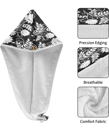 Black and White Flowers Dry Hair Cap | 2 Piece Quick Drying Towel Set with Button Headband | Super Absorbent & Soft Comfort - Buy Online on GoSupps.com
