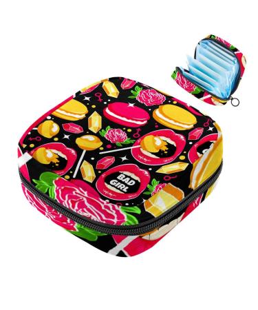 Menstruation pad bag with zipper women's napkin bag tampons collective bag for women and girls (sweets lips roses sweet pattern)