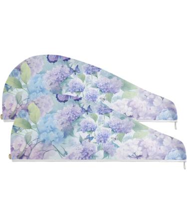 Hydrangeas Butterfly Hair Towel 2 Pack | Super Absorbent Quick Dry Turbans for Women & Girls - Buy Online on GoSupps.com