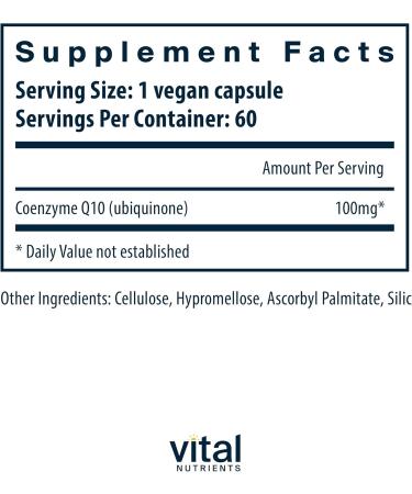 Vital Nutrients CoQ10 100mg - Vegan CoEnzyme Q10 Supplement | Antioxidant for Heart Health & Energy | Gluten Dairy Soy Free Non-GMO | 60 Capsules - Buy Online on GoSupps.com