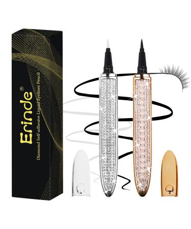 Erinde 2PCS Eyelash Glue Pen, Lash Glue Pen Upgraded Self-adhesive Eyeliner Pencil, No Glue No Magnetic Liquid Eyeliner Pen, Eye Liner for Eye Makeup and Wear Normal False Eyelashes, Black&Clear SET A