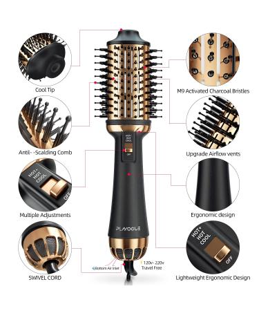 Plavogue Dual Voltage Hair Dryer Brush Volumizer - Travel Salon Blowout Brush, Negative Ionic, One-Step Hot Air Brush - International Upgraded Version (Black Gold) - Buy Online on GoSupps.com